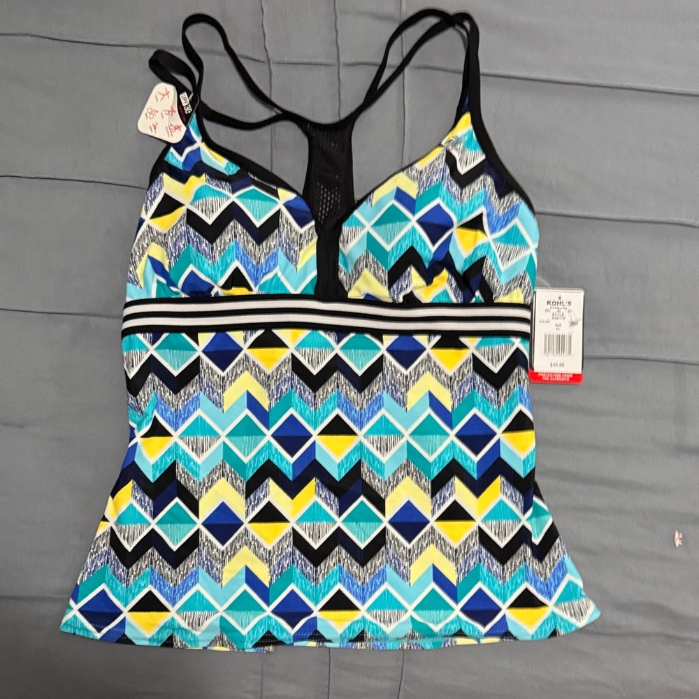 Xersion Women's Swim Top - Blue, Yellow, Black Chevron